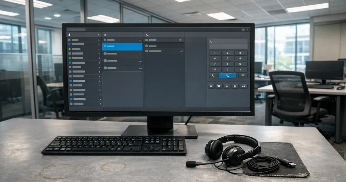Desktop workstation showing 3CX VoIP desktop application interface on monitor with business headset in modern office environment