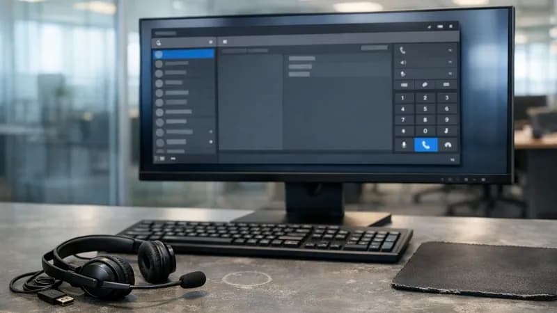 Desktop workstation showing 3CX VoIP desktop application interface on monitor with business headset in modern office environment