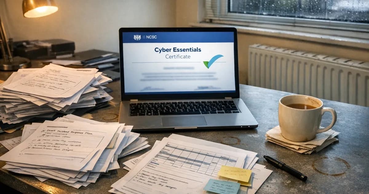 A laptop displaying a Cyber Essentials certificate surrounded by scattered unfinished incident response and governance documents on a UK office desk