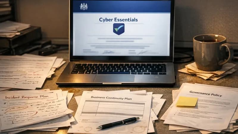 A laptop displaying a Cyber Essentials certificate surrounded by scattered unfinished incident response and governance documents on a UK office desk