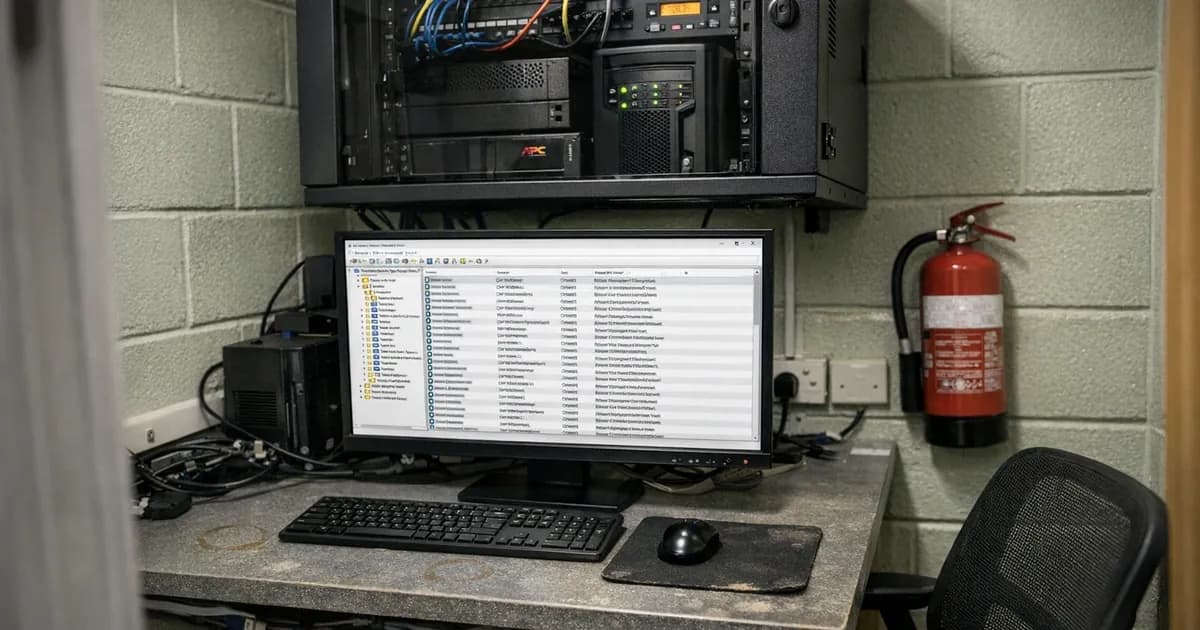 Active Directory Users and Computers console displayed on a computer monitor in a small IT office server room