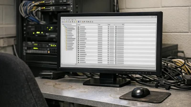 Active Directory Users and Computers console displayed on a computer monitor in a small IT office server room