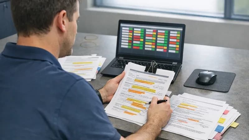 A cybersecurity assessor reviewing printed vulnerability scan results at a desk while cross-referencing with a laptop dashboard, demonstrating human verification of automated security assessment tools