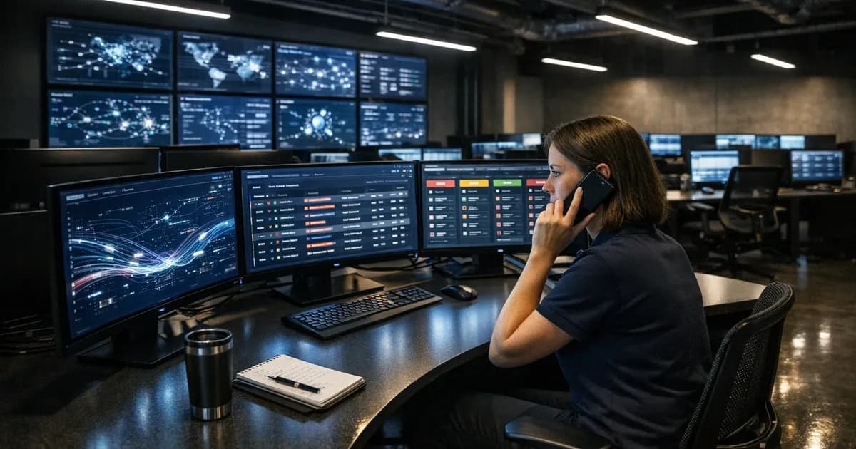 Security analyst at workstation with three monitors displaying AI-enhanced cybersecurity dashboards and threat analysis interfaces