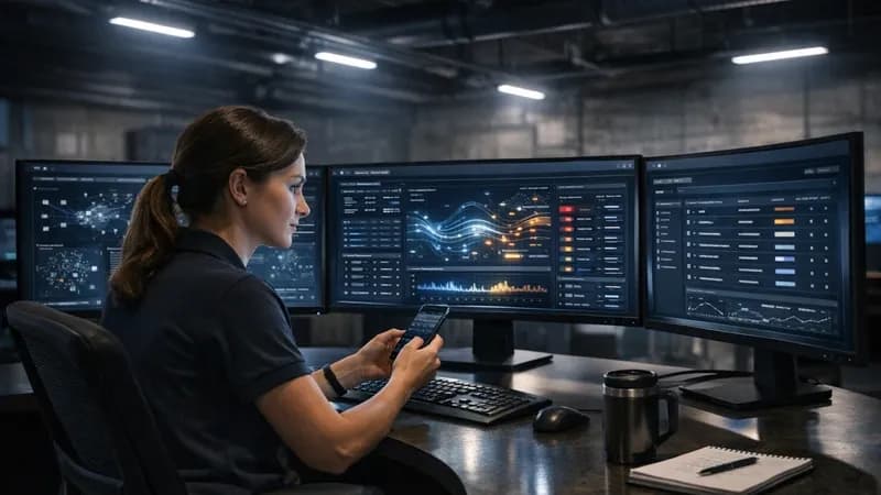 Security analyst at workstation with three monitors displaying AI-enhanced cybersecurity dashboards and threat analysis interfaces