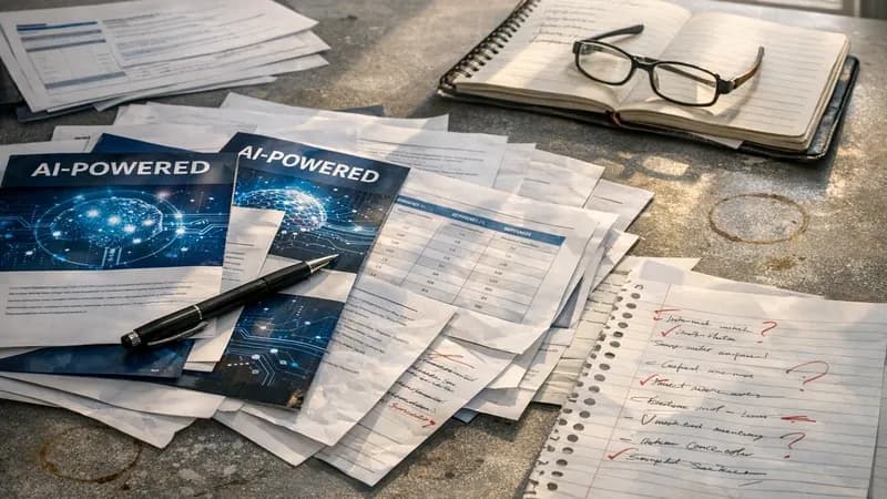 Cybersecurity consultant's desk covered with vendor marketing brochures and technical documentation being evaluated