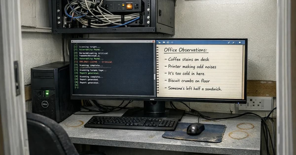 Monitor displaying vulnerability scanner terminal output alongside human observations notepad, representing the difference between automated scanning and human penetration testing