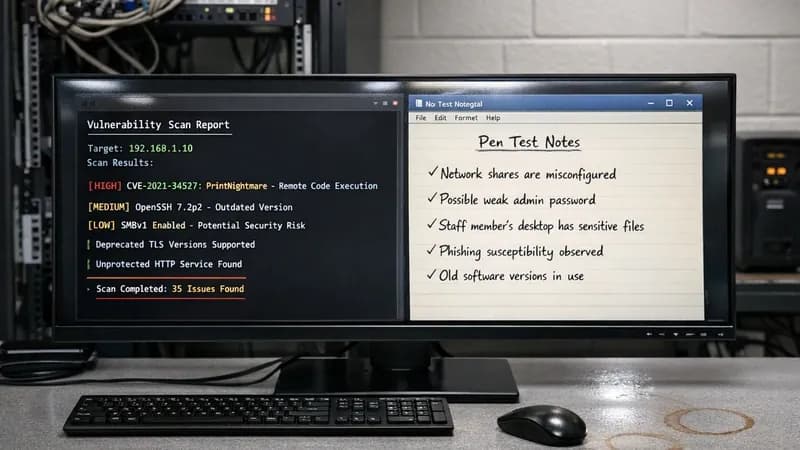 Monitor displaying vulnerability scanner terminal output alongside human observations notepad, representing the difference between automated scanning and human penetration testing