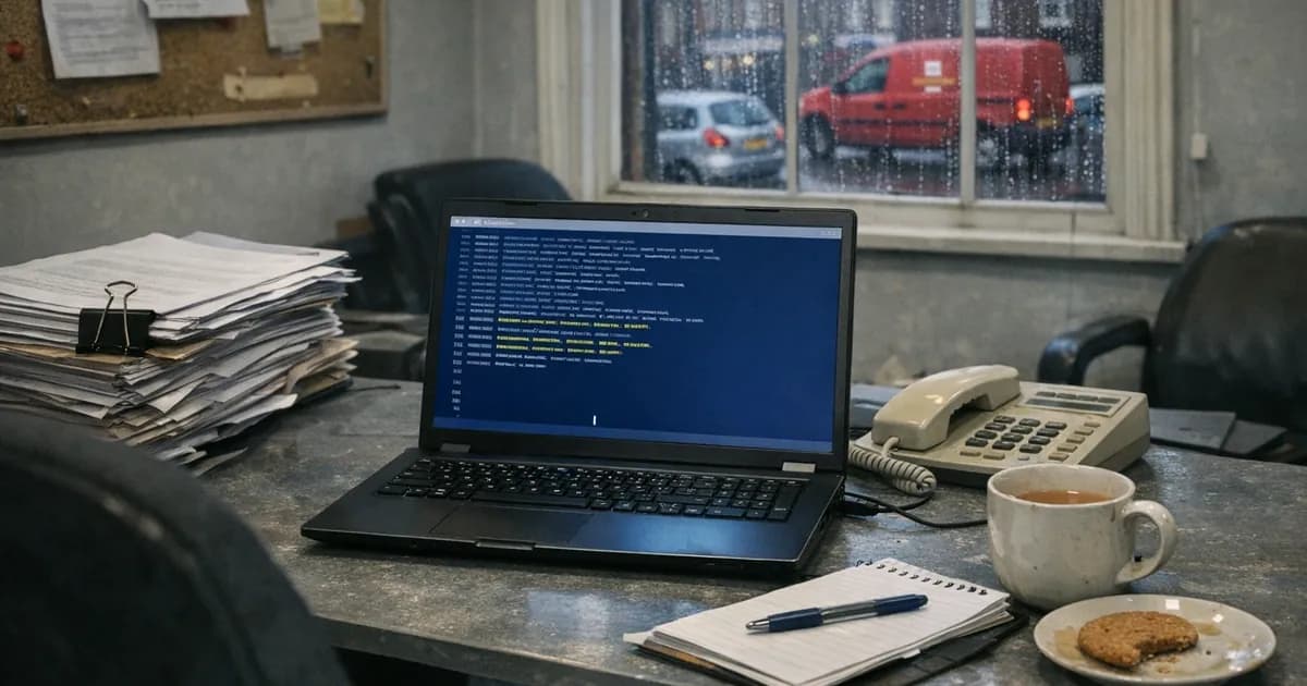 An open laptop on a UK office desk displaying a dark PowerShell command line terminal, surrounded by paper case files, a tea mug, a Bic pen and notepad, with a rain-streaked sash window and grey British high street visible in the background and an empty swivel chair pushed back from the desk.
