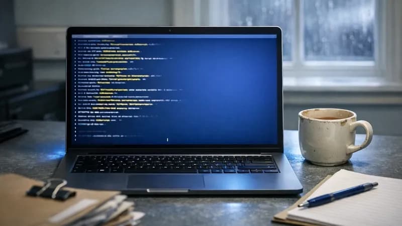 An open laptop on a UK office desk displaying a dark PowerShell command line terminal, surrounded by paper case files, a tea mug, a Bic pen and notepad, with a rain-streaked sash window and grey British high street visible in the background and an empty swivel chair pushed back from the desk.