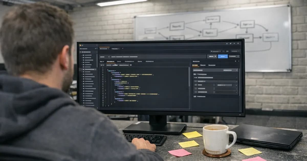 A software developer at a workstation with a monitor displaying an API testing interface, surrounded by development tools and notes in a UK office environment