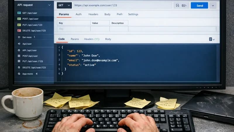 A software developer at a workstation with a monitor displaying an API testing interface, surrounded by development tools and notes in a UK office environment