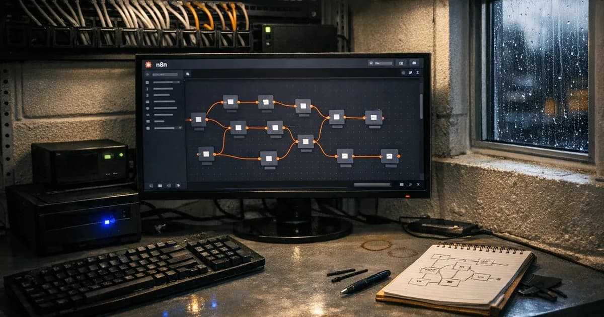 Monitor displaying N8N workflow automation interface with node-based diagrams in a small business IT office