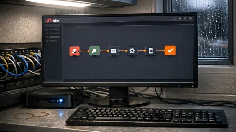 Monitor displaying N8N workflow automation interface with node-based diagrams in a small business IT office