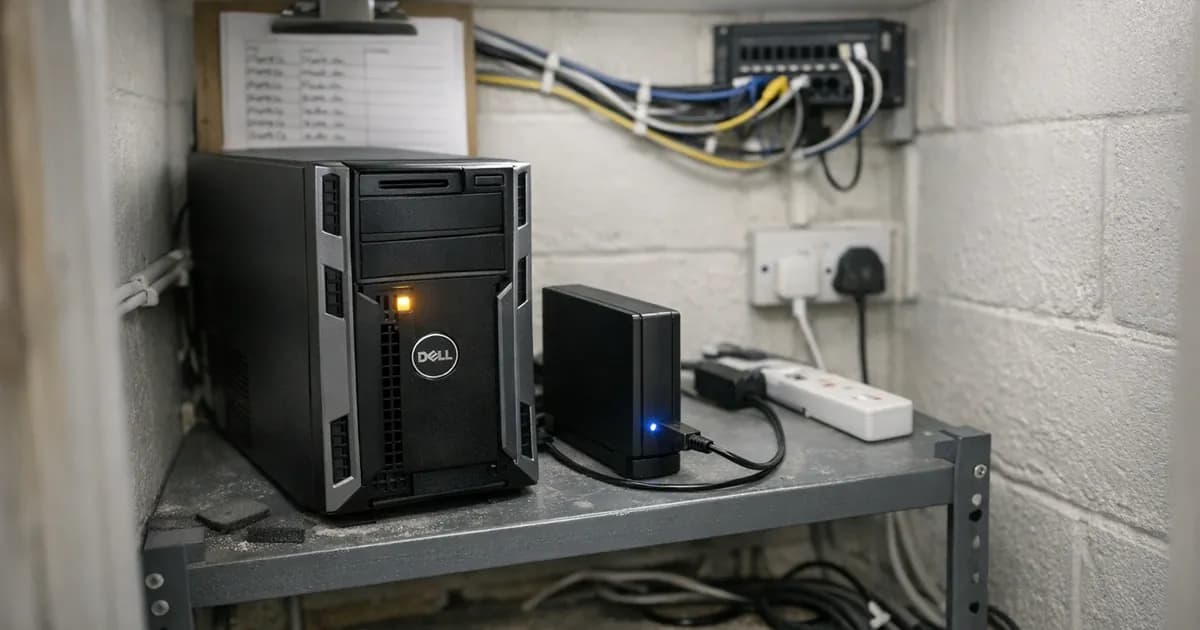 Small business server with external USB backup drive connected, showing physical offline backup storage in converted cupboard server room