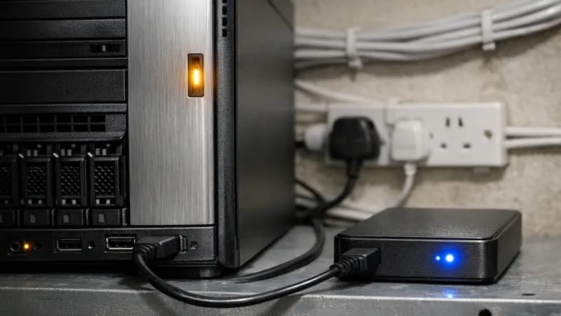 Small business server with external USB backup drive connected, showing physical offline backup storage in converted cupboard server room