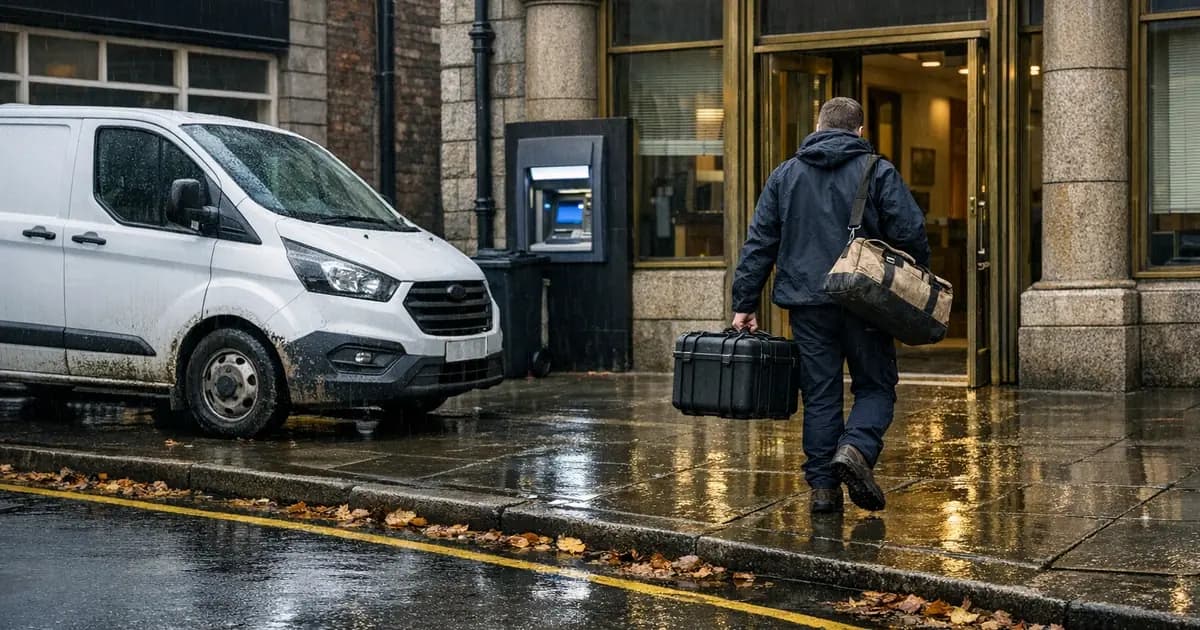 A contractor carrying an equipment case approaches the entrance of a UK high-street bank branch from a parked service van on a wet pavement