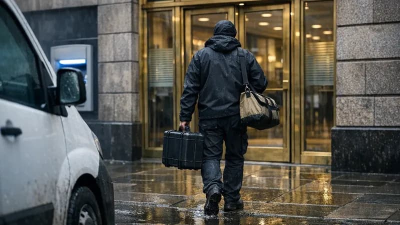 A contractor carrying an equipment case approaches the entrance of a UK high-street bank branch from a parked service van on a wet pavement