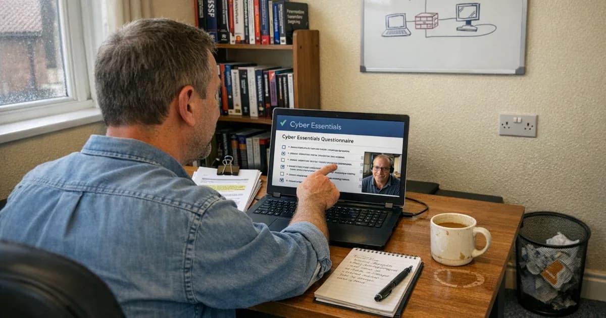 Independent cybersecurity assessor working directly with client on Cyber Essentials certification at modest UK office workspace