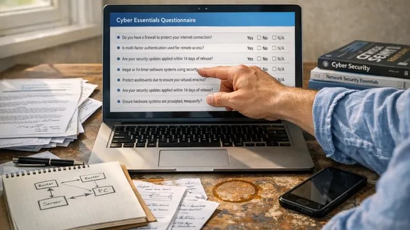 Independent cybersecurity assessor working directly with client on Cyber Essentials certification at modest UK office workspace