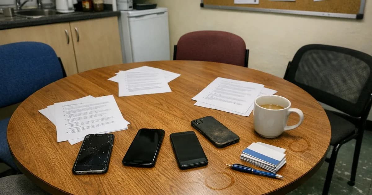 Personal smartphones and BYOD policy documents scattered on an office break room table after a compliance meeting