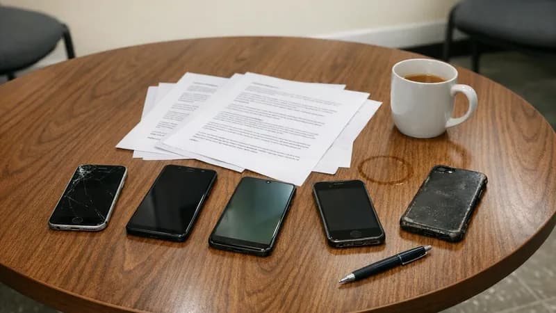 Personal smartphones and BYOD policy documents scattered on an office break room table after a compliance meeting