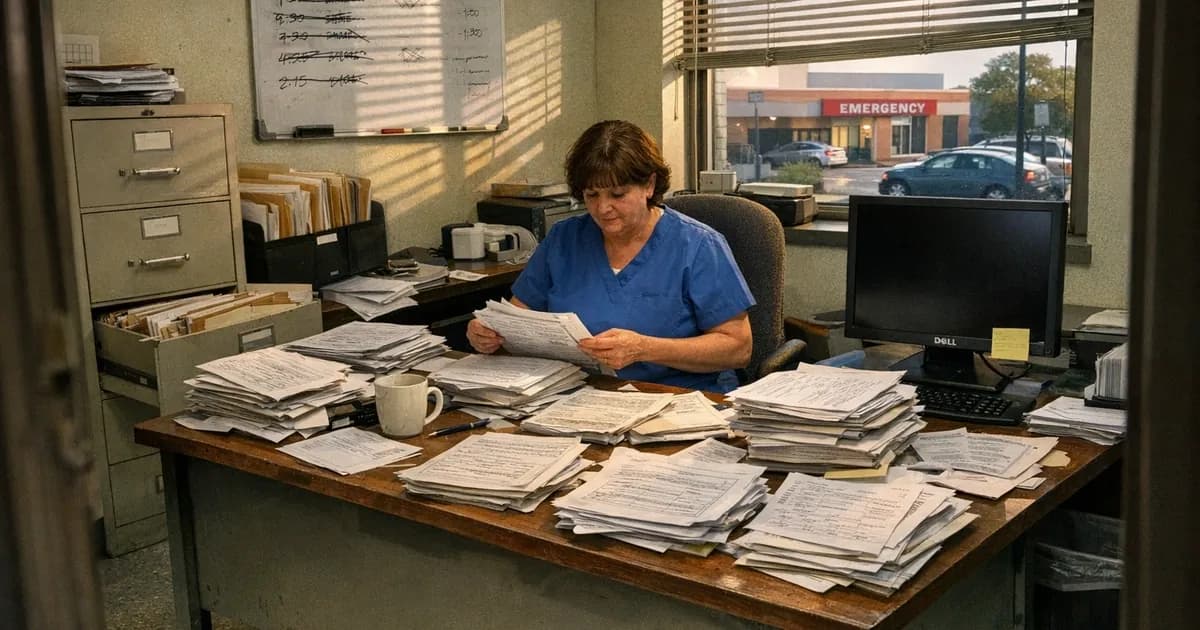 Medical billing clerk processing paper insurance forms at desk with switched-off computer after Change Healthcare cyberattack forced manual fallback operations