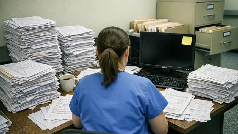 Medical billing clerk processing paper insurance forms at desk with switched-off computer after Change Healthcare cyberattack forced manual fallback operations