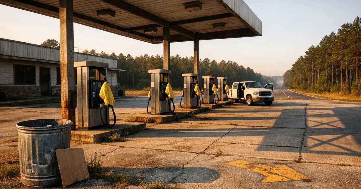 A rural American gas station with fuel pumps covered by yellow plastic bags due to the Colonial Pipeline shutdown, with an abandoned pickup truck in the forecourt