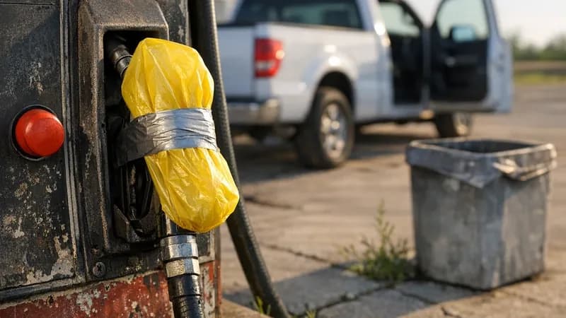 A rural American gas station with fuel pumps covered by yellow plastic bags due to the Colonial Pipeline shutdown, with an abandoned pickup truck in the forecourt