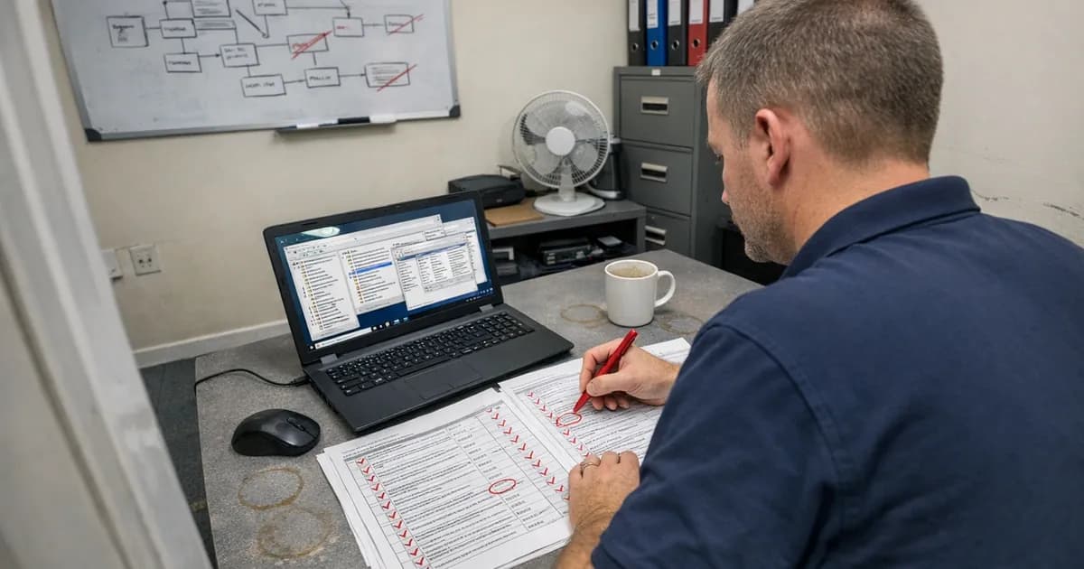 IT administrator working through a printed security configuration checklist at a desk with laptop showing Windows Server management consoles