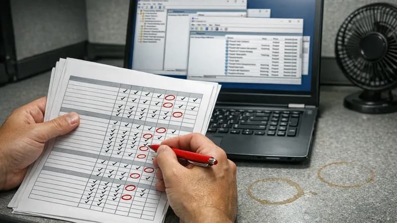 IT administrator working through a printed security configuration checklist at a desk with laptop showing Windows Server management consoles