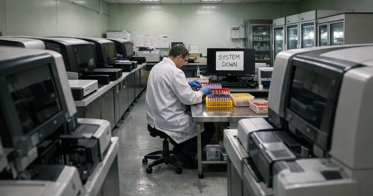 NHS pathology laboratory with automated blood testing equipment shut down, technician manually processing samples