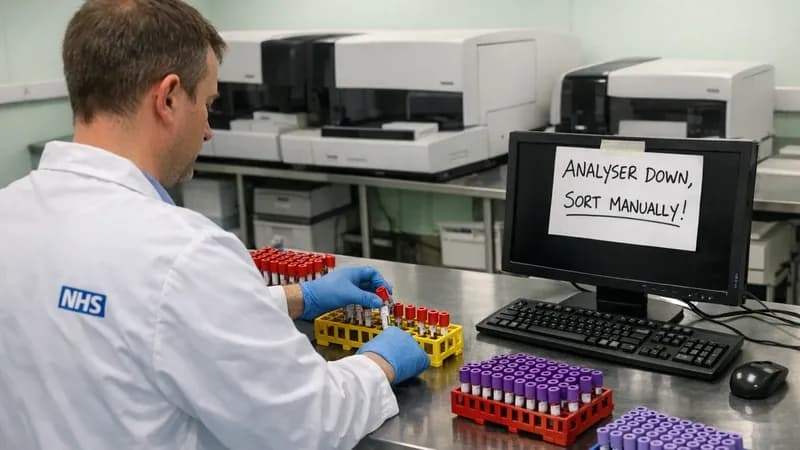 NHS pathology laboratory with automated blood testing equipment shut down, technician manually processing samples