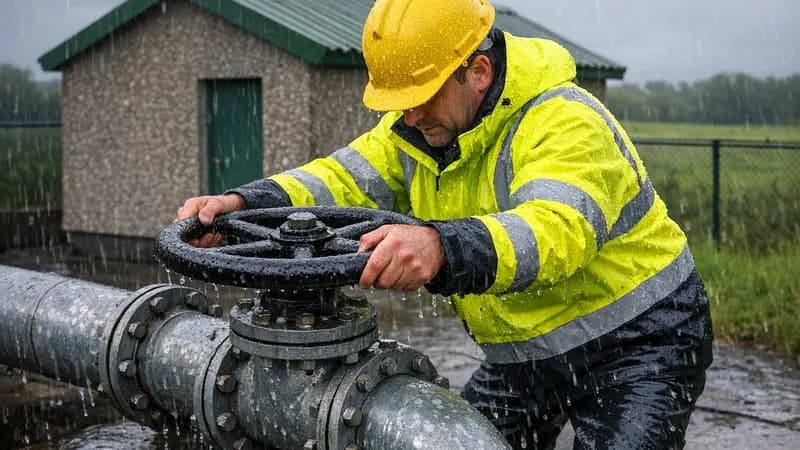Maintenance worker manually operating valve wheel at Irish water pumping station during rain