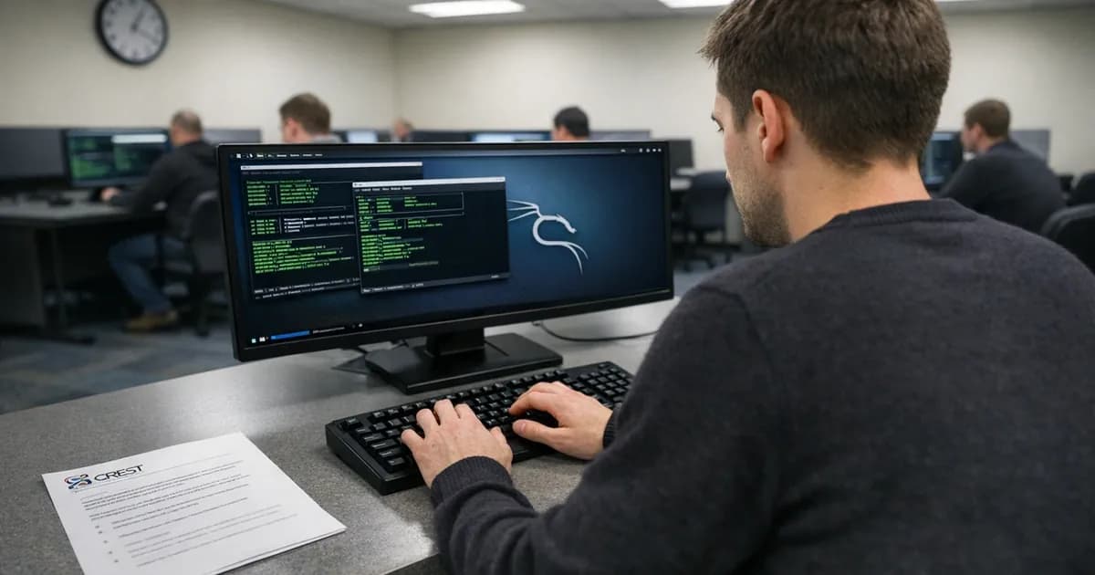 A candidate taking a practical CREST penetration testing certification exam at a computer workstation in a professional training facility
