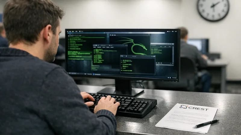 A candidate taking a practical CREST penetration testing certification exam at a computer workstation in a professional training facility