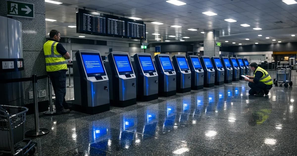 UK airport check-in kiosks displaying blue error screens with ground crew member in high-visibility vest standing beside them