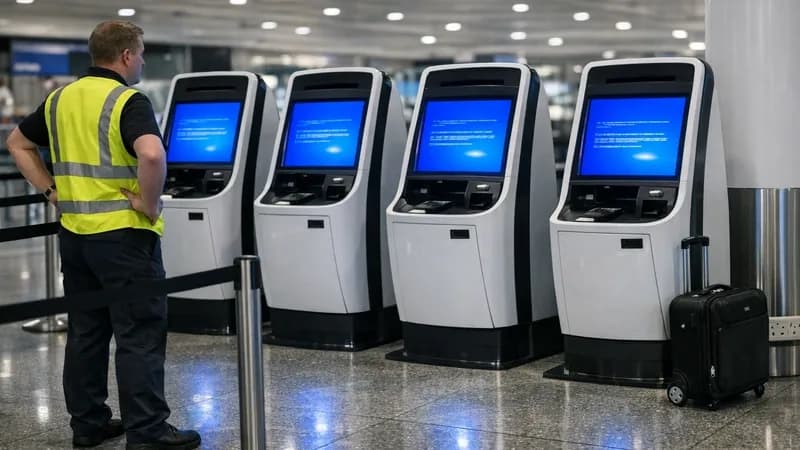 UK airport check-in kiosks displaying blue error screens with ground crew member in high-visibility vest standing beside them