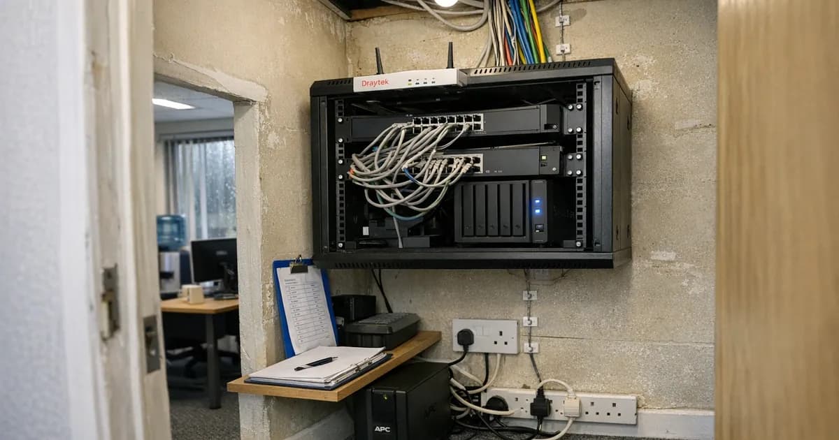 Small UK office converted storage cupboard serving as an IT room, with a wall-mounted network rack containing consumer-grade router, switch, and NAS drive, cables running through the ceiling, and a modest office workspace visible beyond