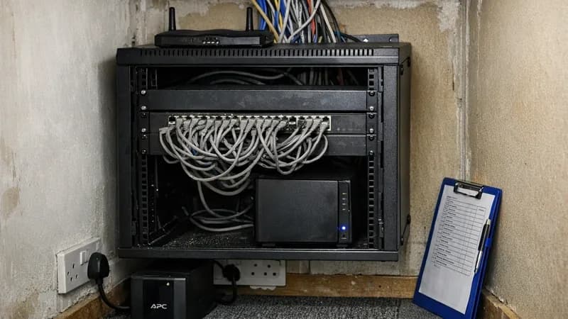 Small UK office converted storage cupboard serving as an IT room, with a wall-mounted network rack containing consumer-grade router, switch, and NAS drive, cables running through the ceiling, and a modest office workspace visible beyond