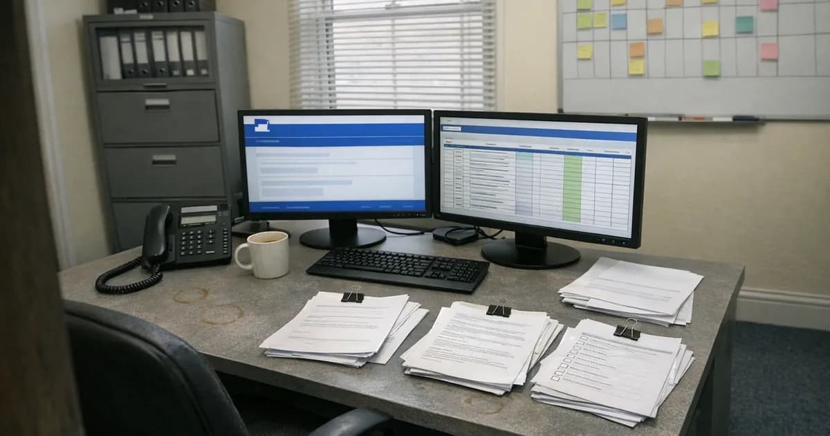 Compliance officer's desk showing FCA regulatory portal on dual monitors surrounded by PS21/3 documents and risk management paperwork