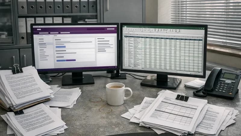 Compliance officer's desk showing FCA regulatory portal on dual monitors surrounded by PS21/3 documents and risk management paperwork
