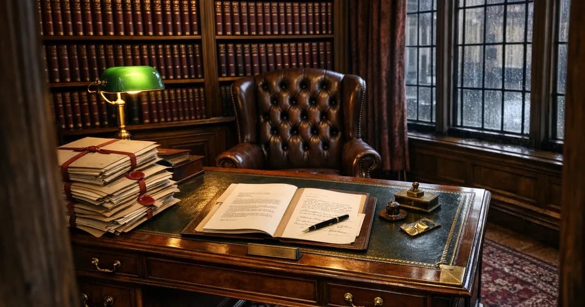 Traditional British solicitor's office showing mahogany desk with client files, law books, and legal documents