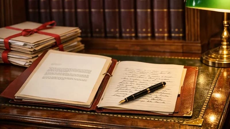 Traditional British solicitor's office showing mahogany desk with client files, law books, and legal documents