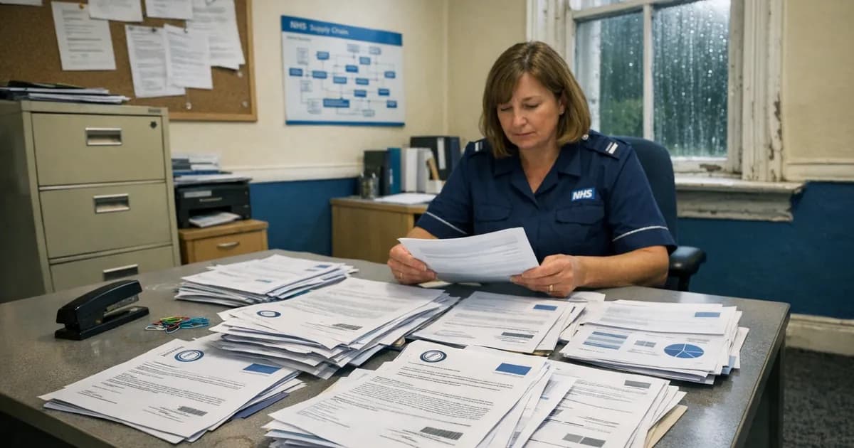 NHS procurement office showing multiple stacks of supplier security compliance documents including CE Plus certificates, DSPT assessments, and DTAC evaluation forms spread across a desk in a hospital administrative office