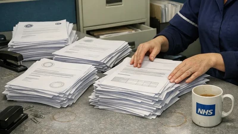 NHS procurement office showing multiple stacks of supplier security compliance documents including CE Plus certificates, DSPT assessments, and DTAC evaluation forms spread across a desk in a hospital administrative office