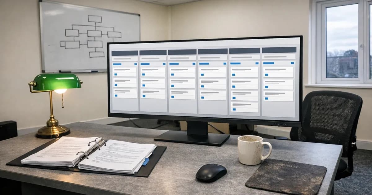 Office desk with monitor displaying a six-column project management dashboard for security programme organization in a UK business environment