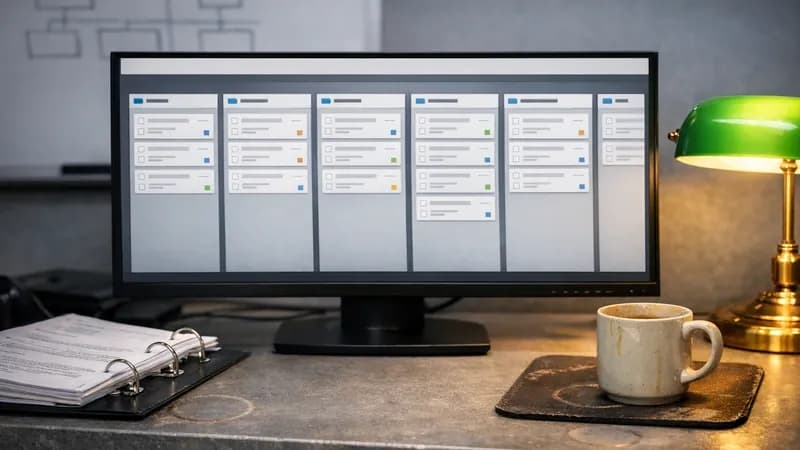 Office desk with monitor displaying a six-column project management dashboard for security programme organization in a UK business environment