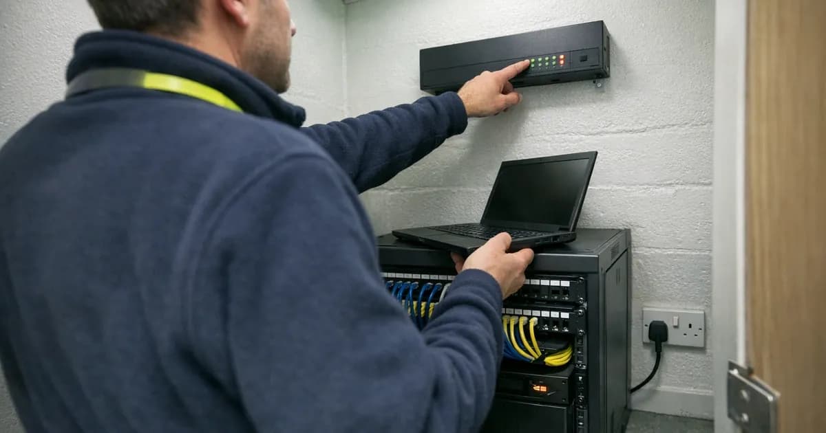 A technician in a small UK business server cupboard reaches up to a wall-mounted perimeter firewall appliance with status LEDs glowing, a laptop balanced on the network rack below.